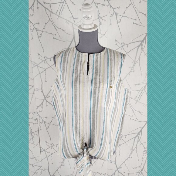 Ellen Tracy White Striped 100% Linen Tie Front Tank - Picture 1 of 4